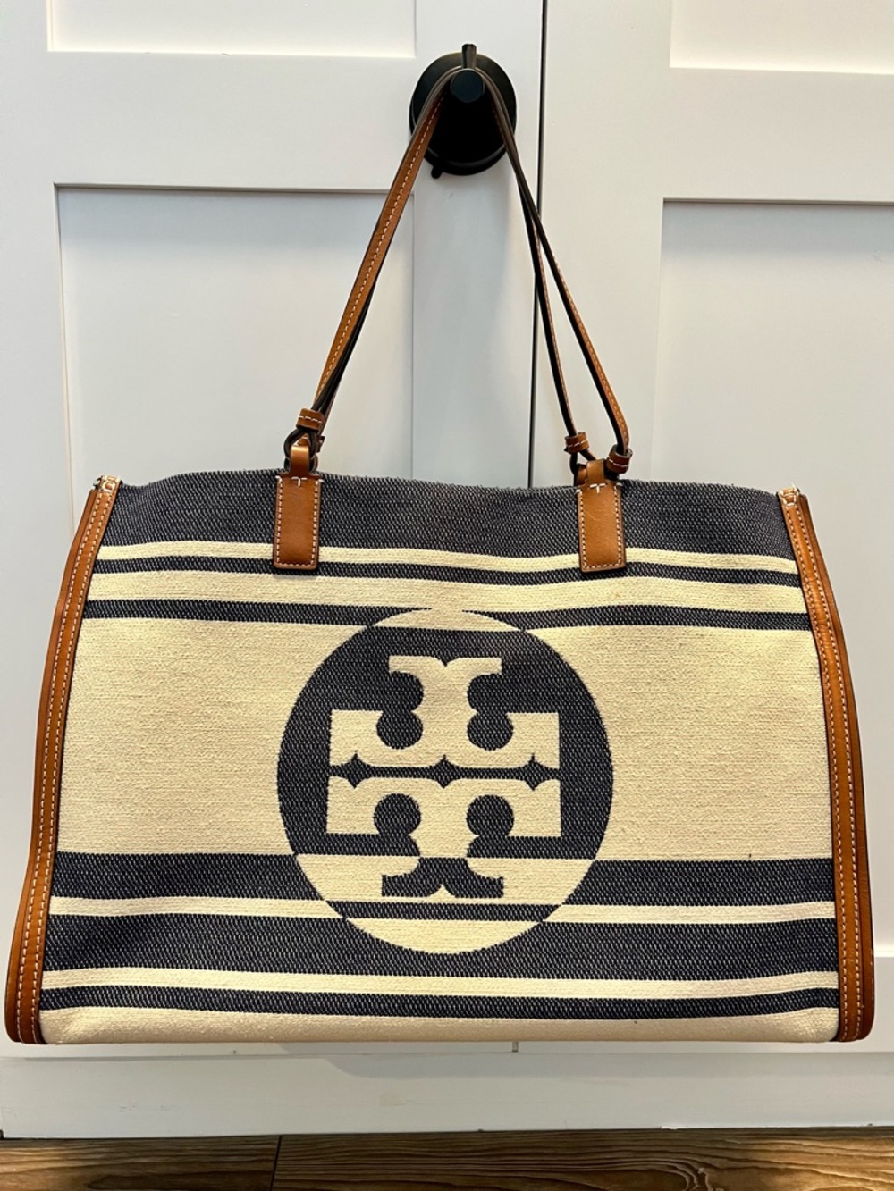 ⭐️Tory Burch Ella Canvas Tote Navy Stripe Large Logo Leather Trim